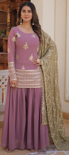 Engagement, Reception, Wedding Pink and Majenta color Salwar Kameez in Faux Georgette fabric with Palazzo, Straight Embroidered, Sequence, Thread work : 1926941