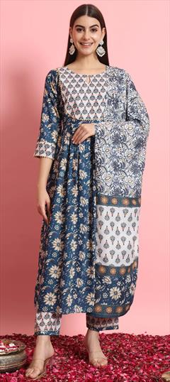 Festive, Reception Blue color Salwar Kameez in Rayon fabric with Anarkali Embroidered, Floral, Printed, Resham work : 1926943