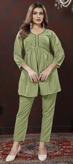 Casual, Summer Green color Co-ords Set in Cotton fabric with Mirror, Resham, Thread work : 1926991