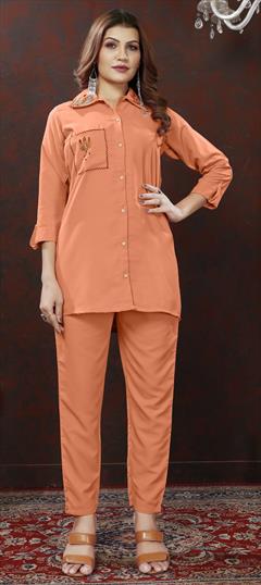 Casual, Summer Orange color Co-ords Set in Cotton fabric with Mirror, Resham, Thread work : 1926993
