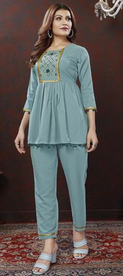 Casual, Summer Blue color Co-ords Set in Cotton fabric with Mirror, Resham, Thread work : 1926995