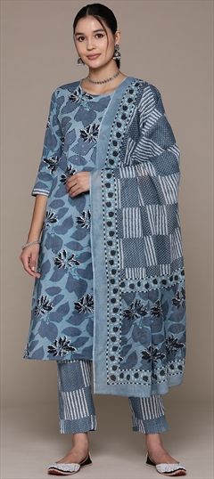 Festive, Summer Black and Grey color Salwar Kameez in Cotton fabric with Straight Printed, Sequence work : 1927110