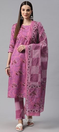 Festive, Summer Pink and Majenta color Salwar Kameez in Cotton fabric with Straight Printed, Sequence work : 1927111
