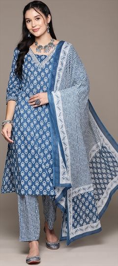 Festive, Summer Blue color Salwar Kameez in Cotton fabric with Straight Cut Dana, Printed, Sequence work : 1927114