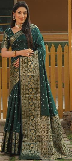 Party Wear, Traditional Green color Saree in Art Silk fabric with Rajasthani, South Bandhej, Printed, Weaving, Zari work : 1927128