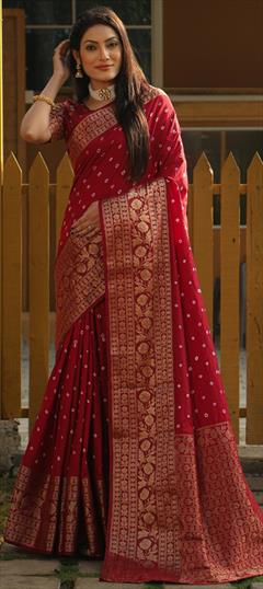 Party Wear, Traditional Red and Maroon color Saree in Art Silk fabric with Rajasthani, South Bandhej, Printed, Weaving, Zari work : 1927129