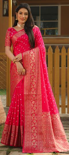 Party Wear, Traditional Pink and Majenta color Saree in Art Silk fabric with Rajasthani, South Bandhej, Printed, Weaving, Zari work : 1927136