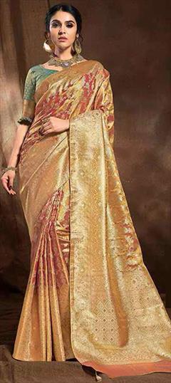 Bridal, Wedding Gold, Red and Maroon color Saree in Banarasi Silk fabric with South Weaving, Zari work : 1927185