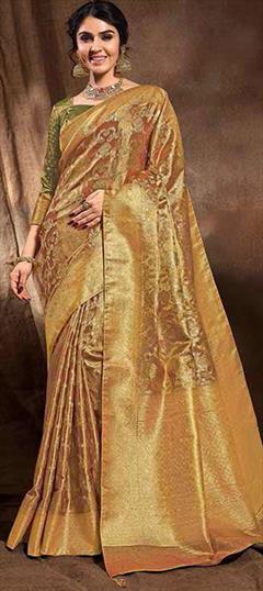 Bridal, Wedding Gold, Red and Maroon color Saree in Banarasi Silk fabric with South Weaving, Zari work : 1927189