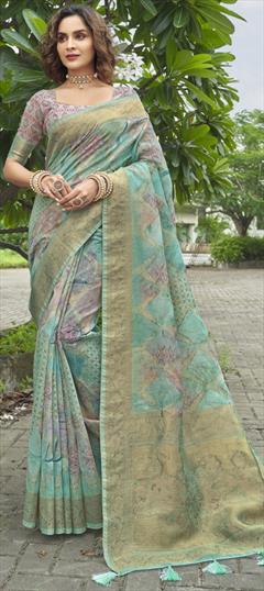 Party Wear Blue color Saree in Chanderi Silk, Silk fabric with South Weaving, Zari work : 1927196