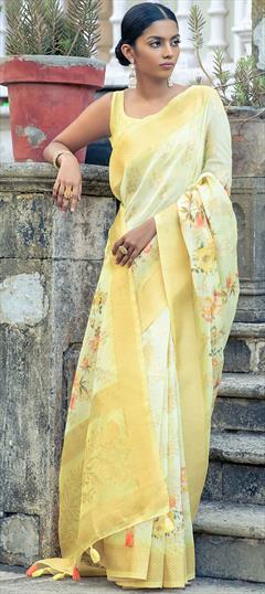 Festive, Party Wear Yellow color Saree in Organza Silk fabric with South Floral, Printed work : 1927270