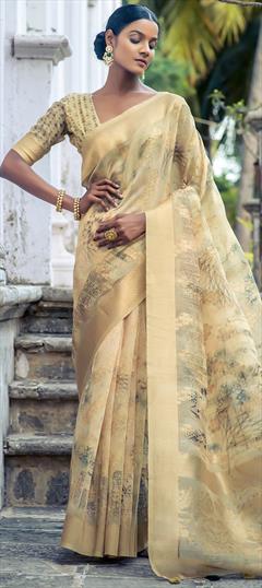 Festive, Party Wear Beige and Brown color Saree in Organza Silk fabric with South Floral, Printed work : 1927275