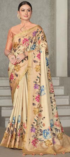 Festive, Party Wear, Traditional, Wedding Beige and Brown color Saree in Tussar Silk fabric with Classic, South Embroidered, Floral, Sequence work : 1927290