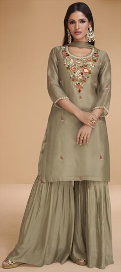Mehendi Sangeet, Reception, Wedding Beige and Brown color Salwar Kameez in Organza Silk fabric with Sharara, Straight Embroidered, Thread, Zardozi, Zari work : 1927336