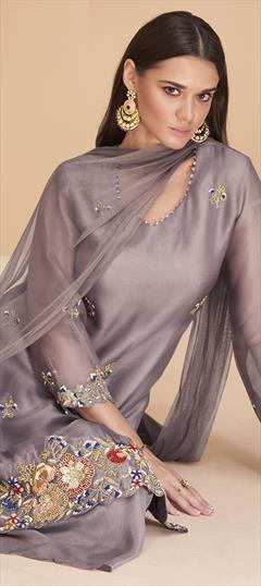 Mehendi Sangeet, Reception, Wedding Purple and Violet color Salwar Kameez in Organza Silk fabric with Sharara, Straight Embroidered, Thread, Zardozi, Zari work : 1927338