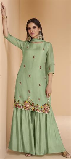 Mehendi Sangeet, Reception, Wedding Green color Salwar Kameez in Organza Silk fabric with Sharara, Straight Embroidered, Thread, Zardozi, Zari work : 1927339