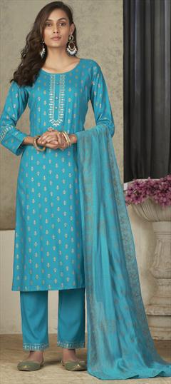 Festive, Party Wear, Reception Blue color Salwar Kameez in Rayon fabric with Straight Printed work : 1927341
