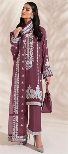 Festive, Party Wear, Reception Red and Maroon color Salwar Kameez in Georgette fabric with Pakistani, Palazzo, Straight Embroidered, Thread work : 1927342