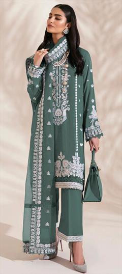 Festive, Party Wear, Reception Green color Salwar Kameez in Georgette fabric with Pakistani, Palazzo, Straight Embroidered, Thread work : 1927345