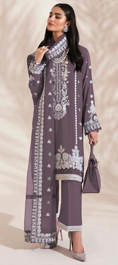 Festive, Party Wear, Reception Purple and Violet color Salwar Kameez in Georgette fabric with Pakistani, Palazzo, Straight Embroidered, Thread work : 1927348