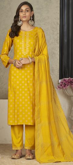 Festive, Party Wear, Reception Yellow color Salwar Kameez in Rayon fabric with Straight Printed work : 1927351