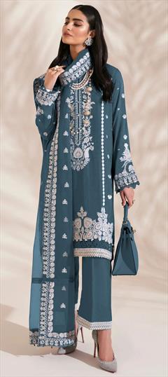 Festive, Party Wear, Reception Blue color Salwar Kameez in Georgette fabric with Pakistani, Palazzo, Straight Embroidered, Thread work : 1927355