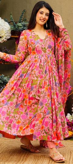 Festive, Party Wear, Reception Pink and Majenta color Salwar Kameez in Muslin fabric with Anarkali Digital Print, Floral, Lace work : 1927365