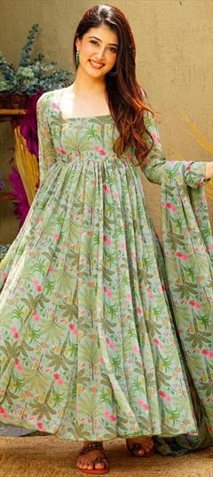 Festive, Party Wear, Reception Green color Salwar Kameez in Muslin fabric with Anarkali Digital Print, Floral, Lace work : 1927366