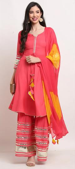 Designer, Festive, Reception Pink and Majenta color Salwar Kameez in Cotton fabric with Anarkali, Sharara Gota Patti work : 1927372