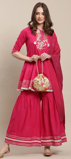Designer, Festive, Reception Pink and Majenta color Salwar Kameez in Cotton fabric with Anarkali, Sharara Gota Patti work : 1927373