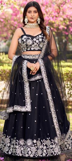 Bridal, Wedding Black and Grey color Ready to Wear Lehenga in Art Silk fabric with Flared Embroidered, Sequence, Thread work : 1927393