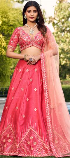 Bridal, Wedding Pink and Majenta color Ready to Wear Lehenga in Art Silk fabric with Flared Embroidered, Sequence, Thread work : 1927396