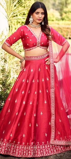 Bridal, Wedding Pink and Majenta color Ready to Wear Lehenga in Art Silk fabric with Flared Embroidered, Sequence, Thread work : 1927397