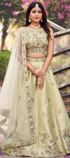 Bridal, Wedding Green color Ready to Wear Lehenga in Art Silk fabric with Flared Embroidered, Sequence, Thread work : 1927399