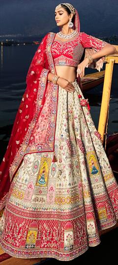 Bridal, Wedding White and Off White color Lehenga in Silk fabric with Flared Embroidered, Sequence, Thread, Zari work : 1927403