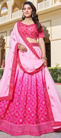 Reception, Wedding Pink and Majenta color Lehenga in Art Silk fabric with Flared Ombre, Printed, Sequence work : 1927412