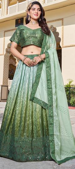 Reception, Wedding Green color Lehenga in Art Silk fabric with Flared Ombre, Printed, Sequence work : 1927416