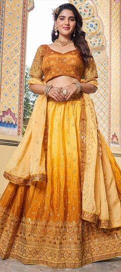 Reception, Wedding Yellow color Lehenga in Art Silk fabric with Flared Ombre, Printed, Sequence work : 1927417