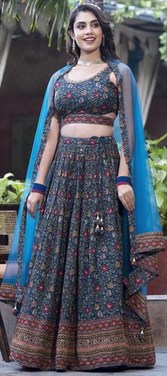 Engagement, Reception, Wedding Blue color Ready to Wear Lehenga in Silk fabric with Flared Floral, Printed, Sequence, Thread work : 1927422