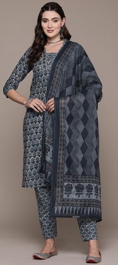 Festive, Summer Black and Grey color Salwar Kameez in Cotton fabric with Straight Printed, Sequence work : 1927425