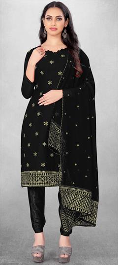 Festive, Party Wear Black and Grey color Salwar Kameez in Georgette fabric with Straight Embroidered, Resham, Thread, Zari work : 1927428
