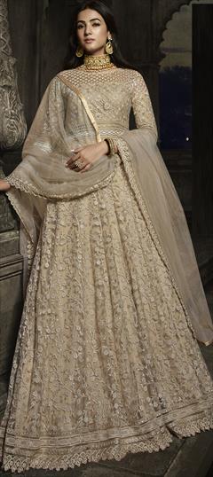 Bridal, Wedding Beige and Brown color Salwar Kameez in Net fabric with Anarkali Embroidered, Stone, Thread, Zari work : 1927442