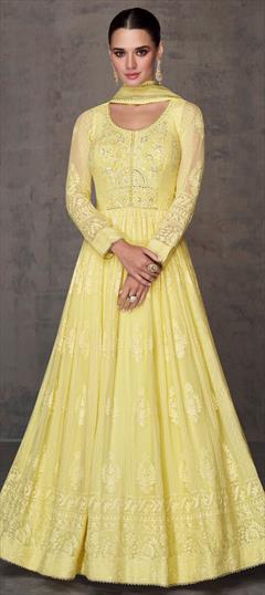 Festive, Reception, Wedding Yellow color Salwar Kameez in Georgette fabric with Anarkali Embroidered, Resham, Sequence, Thread work : 1927443