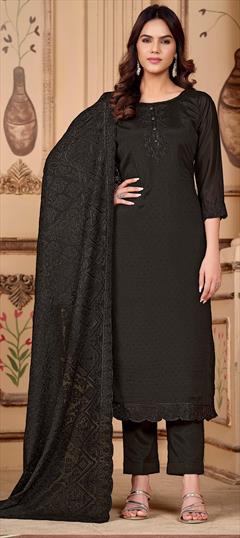 Festive, Party Wear, Reception Black and Grey color Salwar Kameez in Art Silk fabric with Straight Embroidered, Resham, Stone, Thread work : 1927452