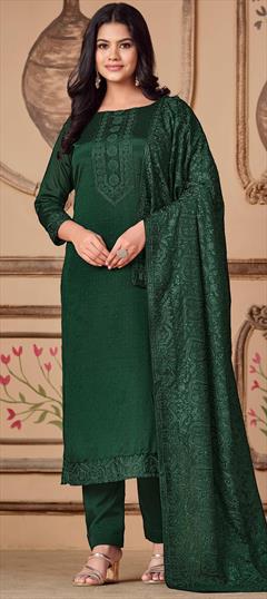 Festive, Party Wear, Reception Green color Salwar Kameez in Art Silk fabric with Straight Embroidered, Resham, Stone, Thread work : 1927459