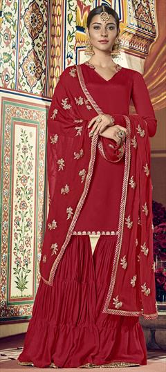Reception, Wedding Red and Maroon color Salwar Kameez in Georgette fabric with Sharara, Straight Sequence, Thread, Zari work : 1927463
