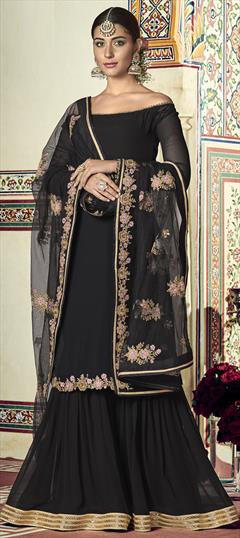 Reception, Wedding Black and Grey color Salwar Kameez in Georgette fabric with Sharara, Straight Sequence, Thread, Zari work : 1927465