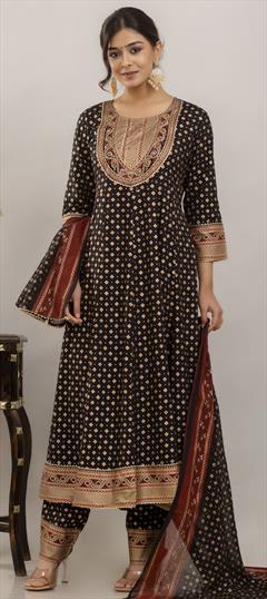 Festive, Party Wear, Reception Black and Grey color Salwar Kameez in Rayon fabric with Anarkali Embroidered, Mirror, Printed, Thread work : 1927467