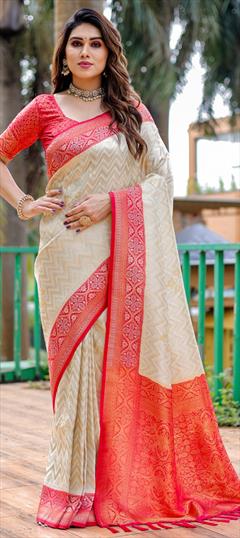 Festive, Party Wear, Traditional Beige and Brown color Saree in Kanjeevaram Silk fabric with South Weaving, Zari work : 1927503