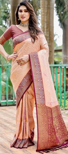 Festive, Party Wear, Traditional Pink and Majenta color Saree in Kanjeevaram Silk fabric with South Weaving, Zari work : 1927504